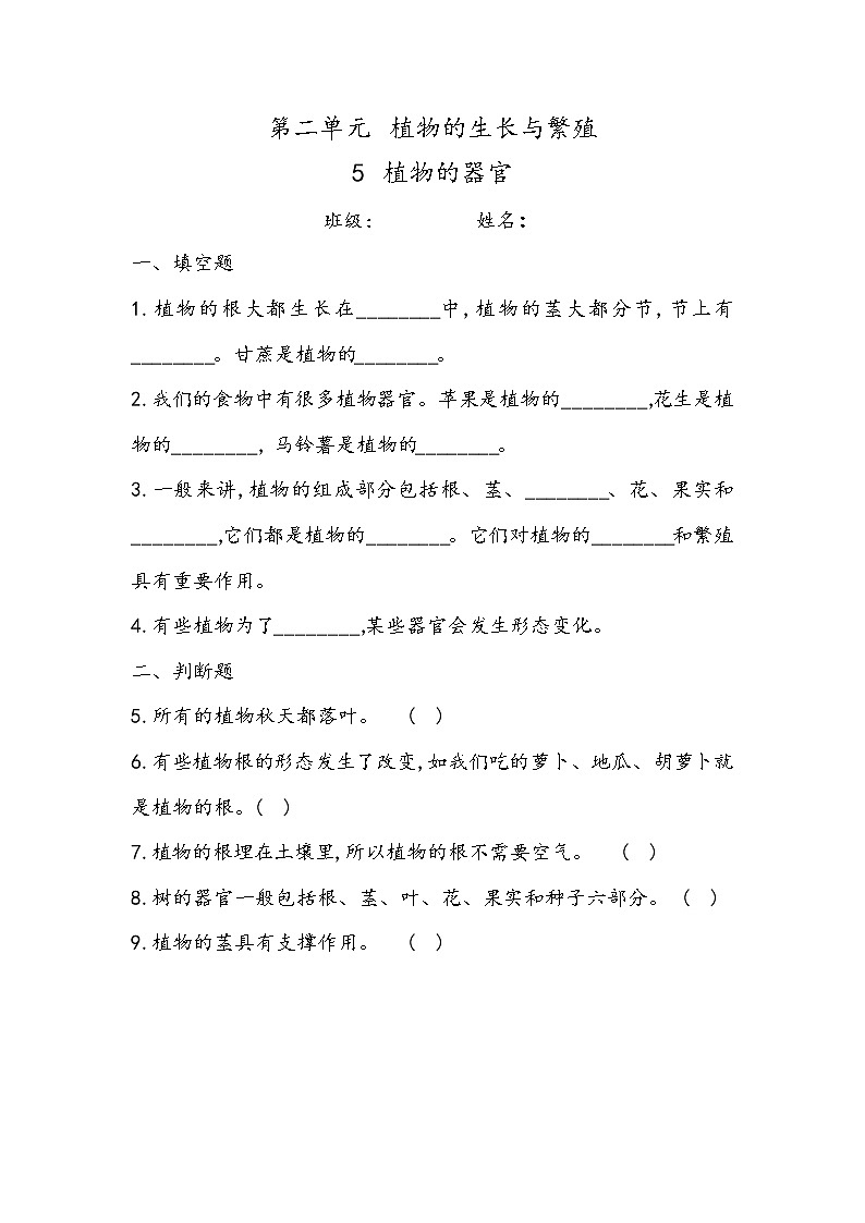 2.5 植物的器官（同步练习）四年级下册科学冀人版01