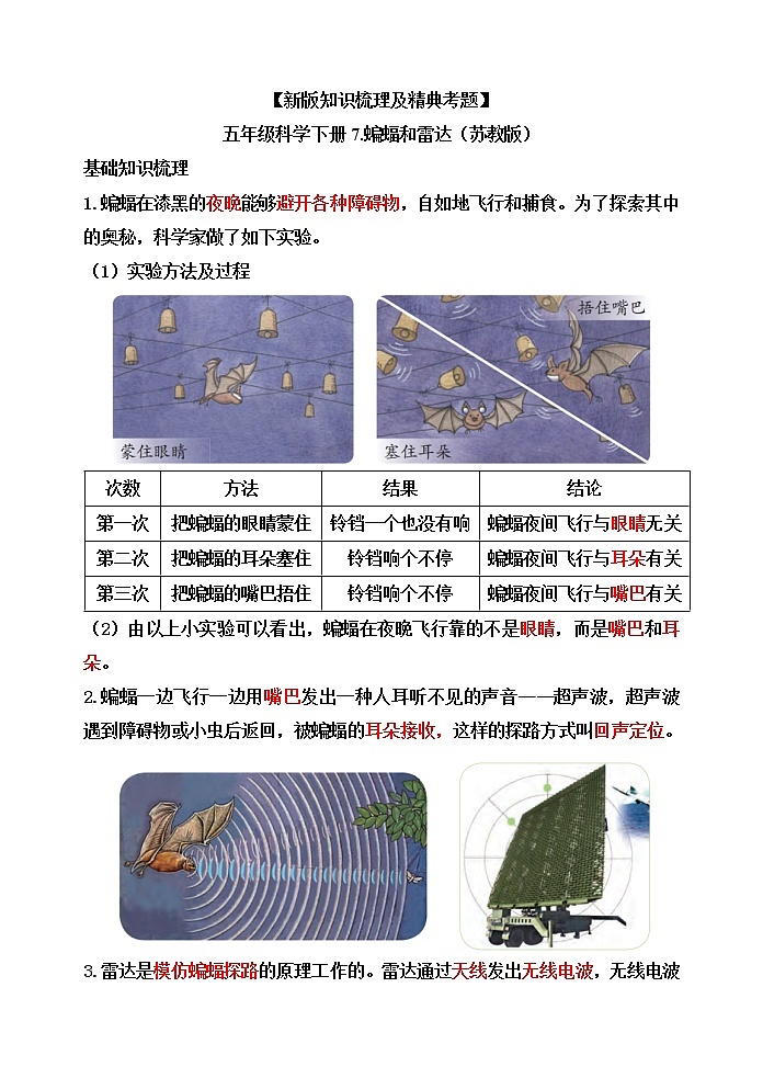 新苏教版科学五下7.蝙蝠和雷达【知识梳理+精典考题】01