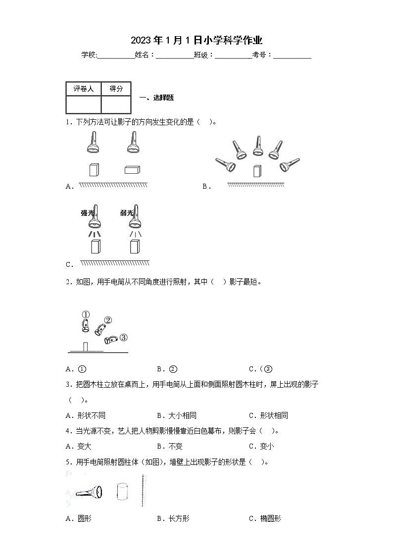 3.3影子的秘密 练习第1页