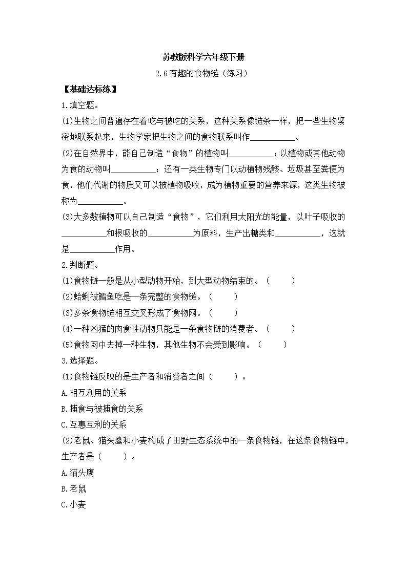 新苏教版科学六年级下册 2.6有趣的食物链 同步练习及答案01