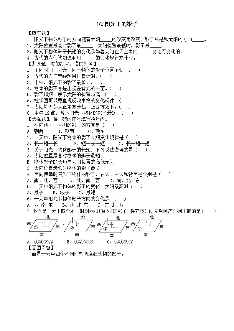 小学科学人教鄂教版四年级下册第五单元第16课《阳光下的影子》课堂作业新设计（2023春）（附参考答案）01