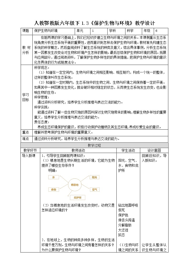 【人教鄂教版】六下科学  1.3《保护生物与环境》课件+教案+同步练习01