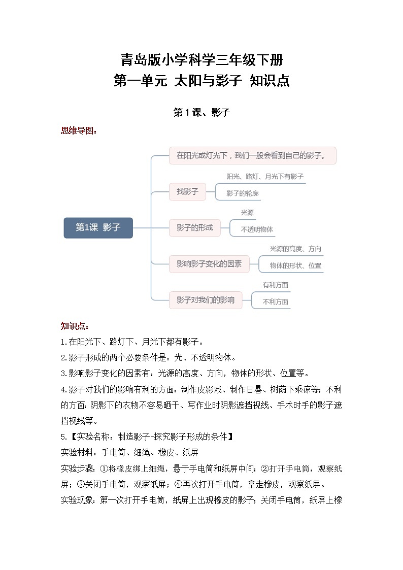 青岛版三年级科学下册第一单元 太阳与影子 知识点总结+思维导图01