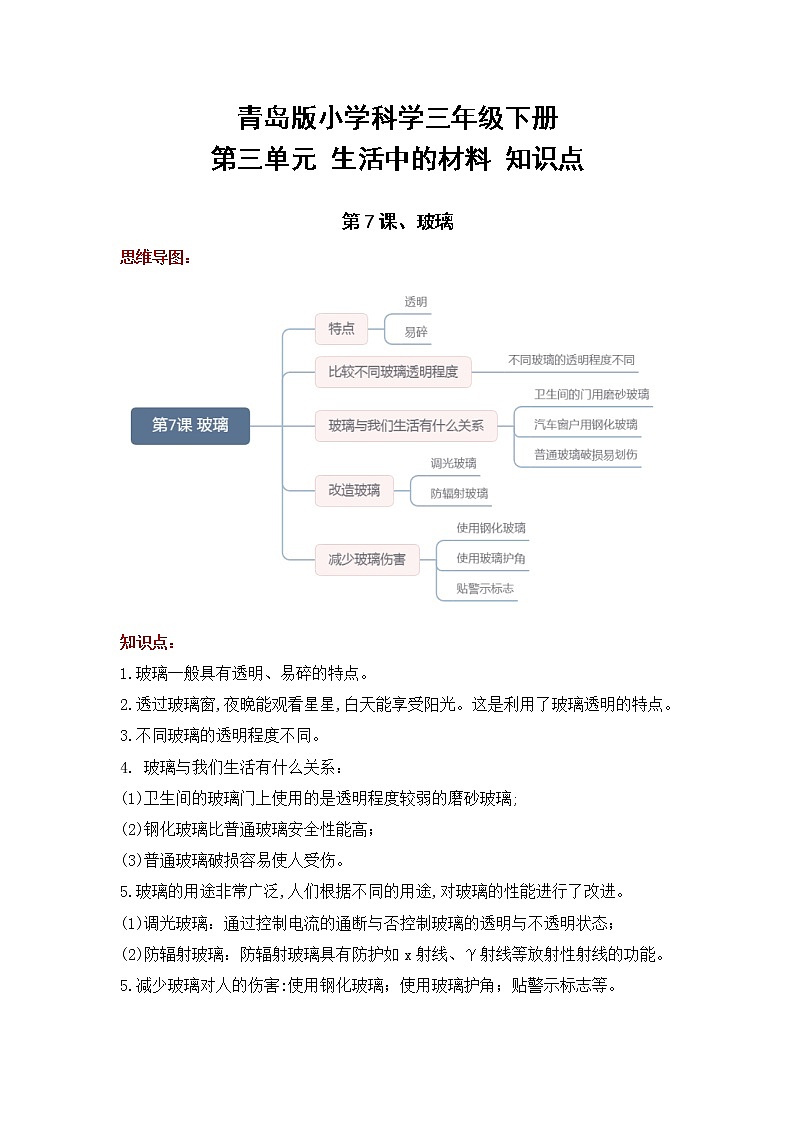 青岛版三年级科学下册第三单元 生活中的材料 知识点总结+思维导图01