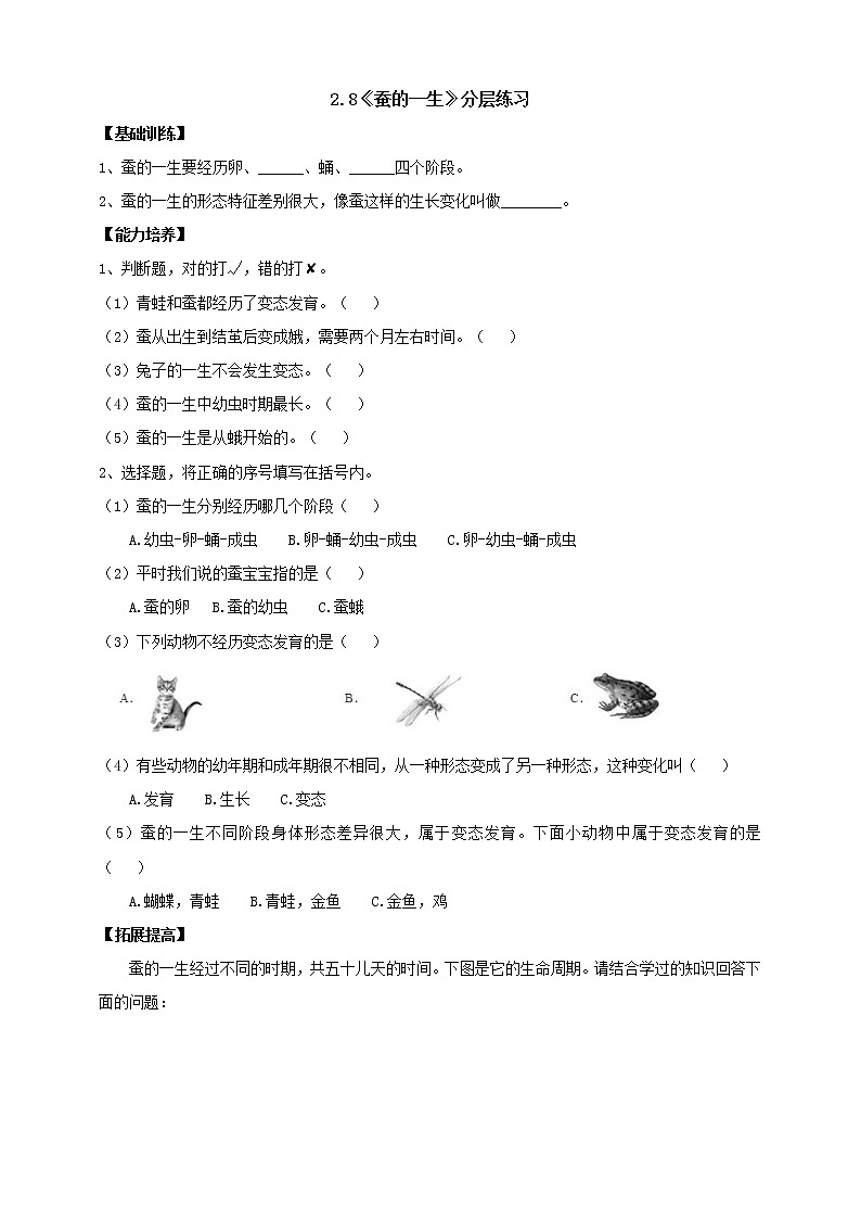 人教鄂教版四下【新课标】2.8《蚕的一生》分层练习（含答案）01