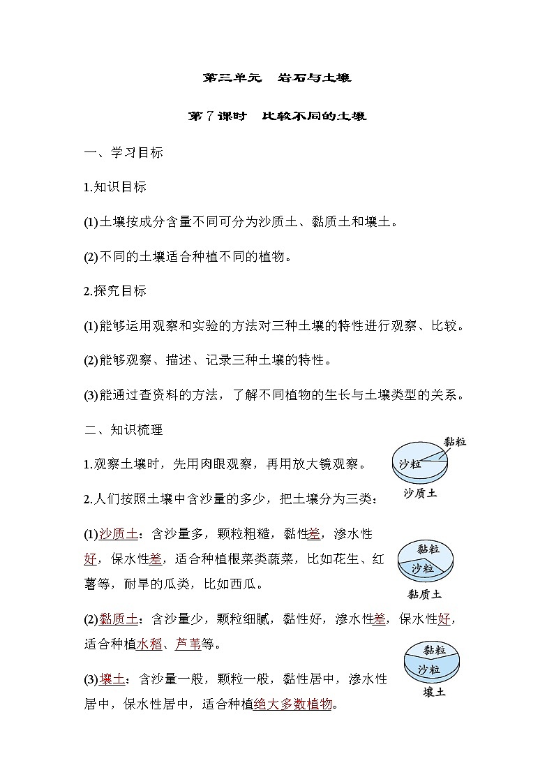 教科版四年级科学下册第3单元第7课时比较不同的土壤学案第1页
