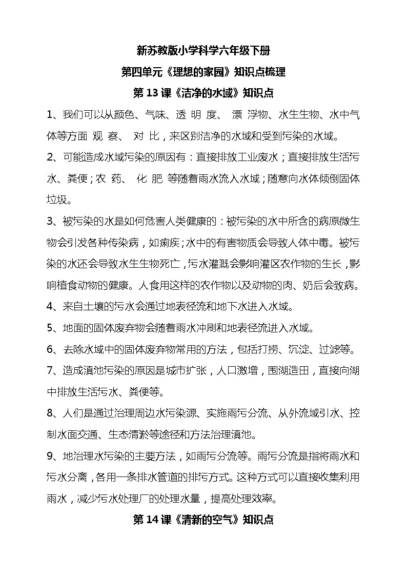 苏教版六年级下册科学第四单元《理想的家园》知识点梳理01
