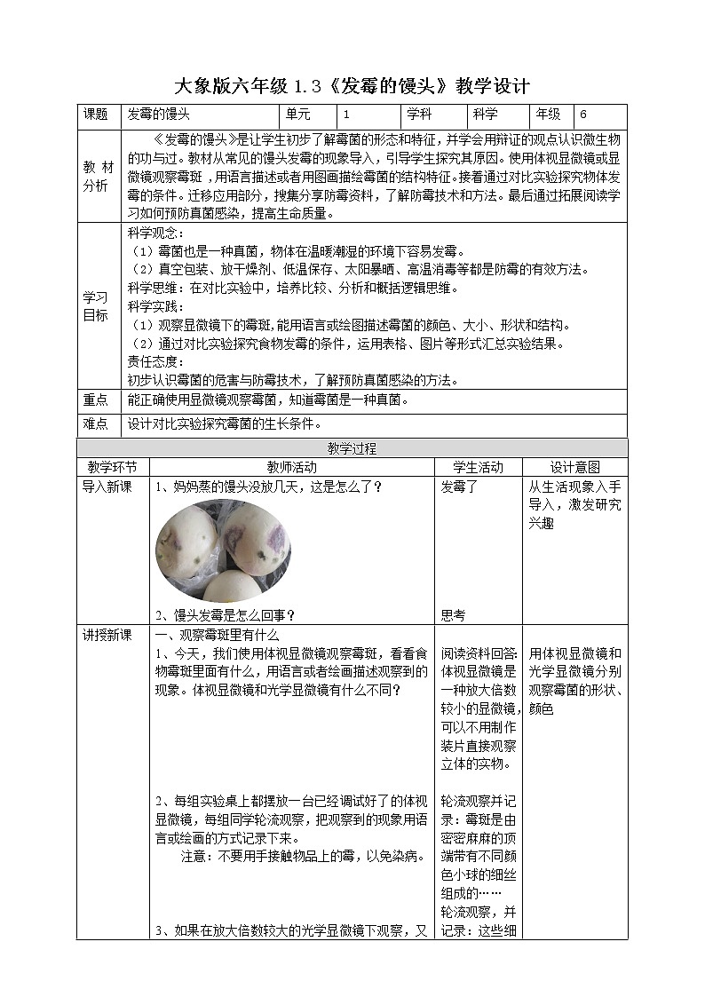 大象版六上科学 1.3《发霉的馒头》课件+教案01