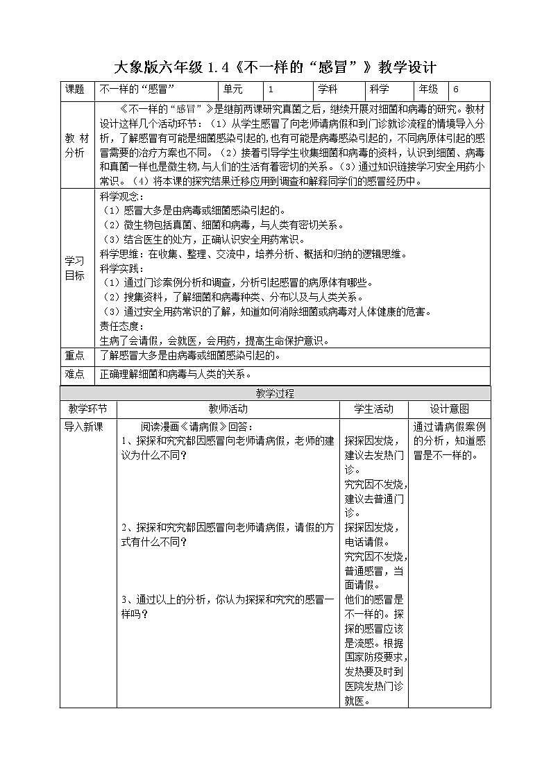 大象版六上科学 1.4《不一样的“感冒”》课件+教案01