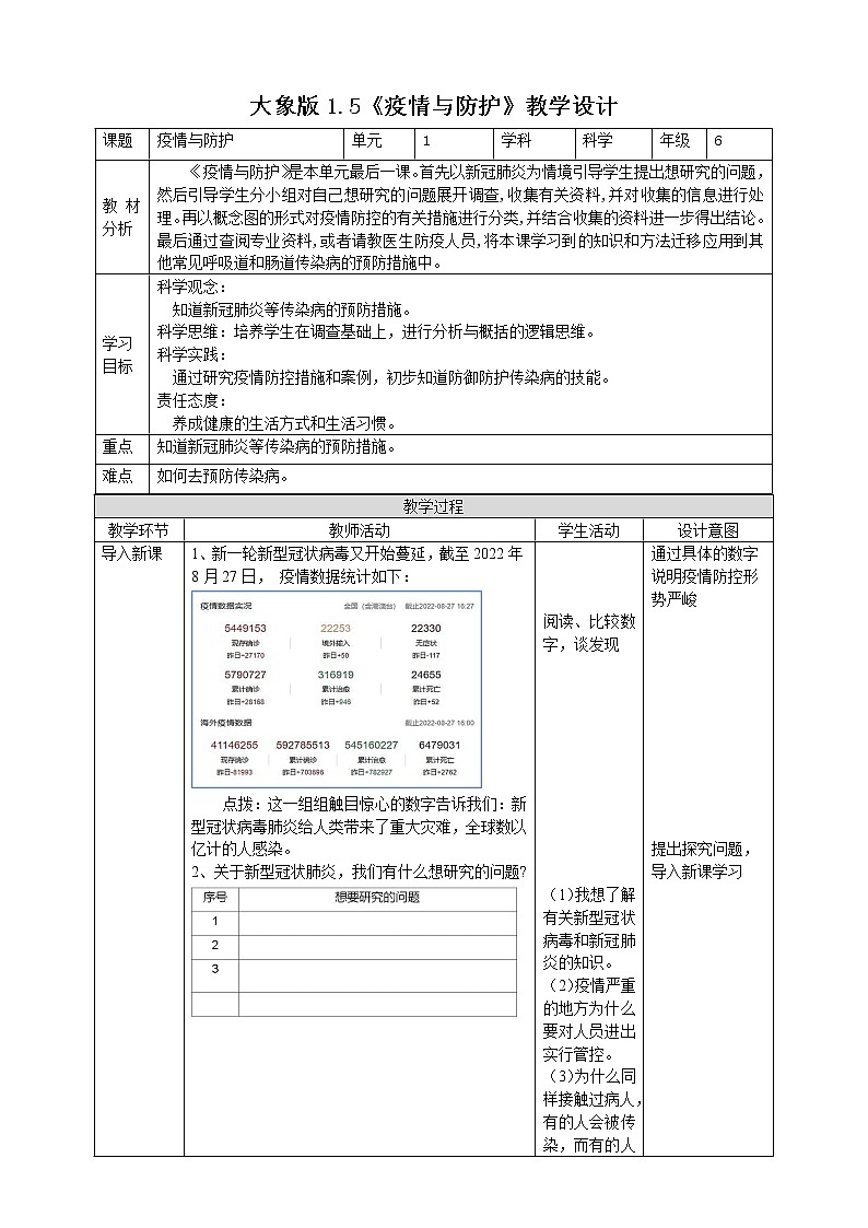 大象版六上科学 1.5《疫情与防护》课件+教案01