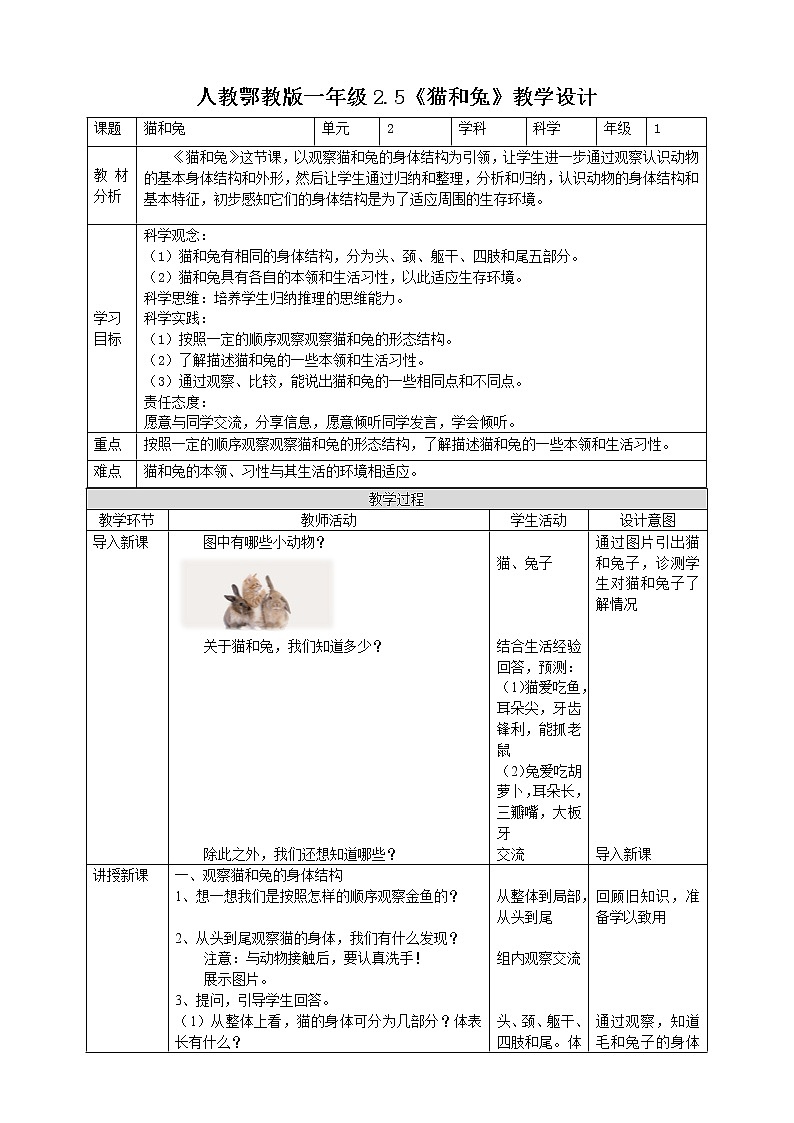 【人教鄂教版】一上科学 2.5《猫和兔》（课件+教案+同步练习）01