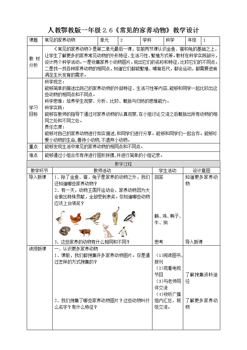 【人教鄂教版】一上科学 2.6《常见的家养动物》（课件+教案+同步练习）01