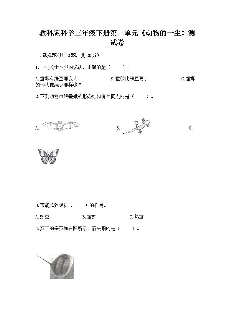 教科版科学三年级下册第二单元《动物的一生》测试卷01