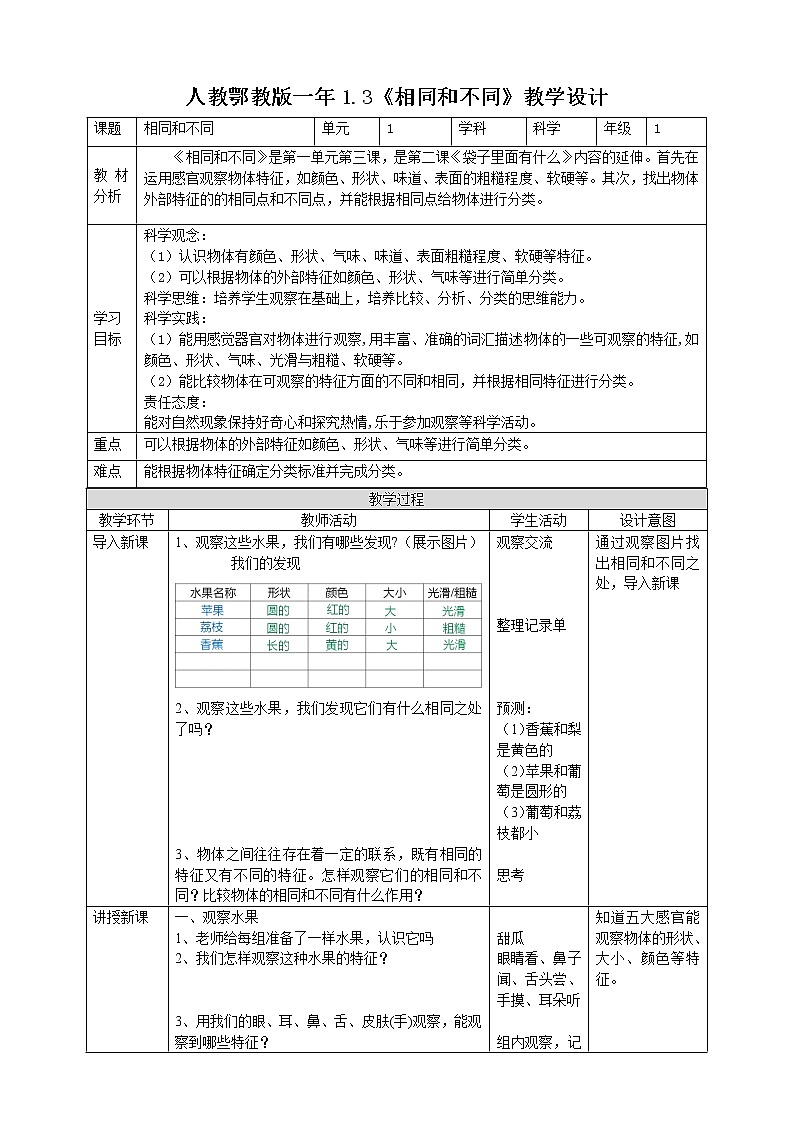 【人教鄂教版】一上科学 1.3《相同和不同》（课件+教案+同步练习）01