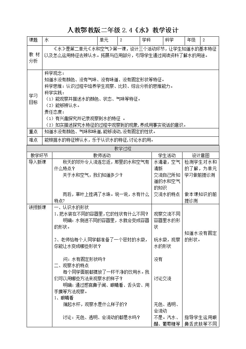 【人教鄂教版】二上科学  2.4《水》（课件+教案+练习）01