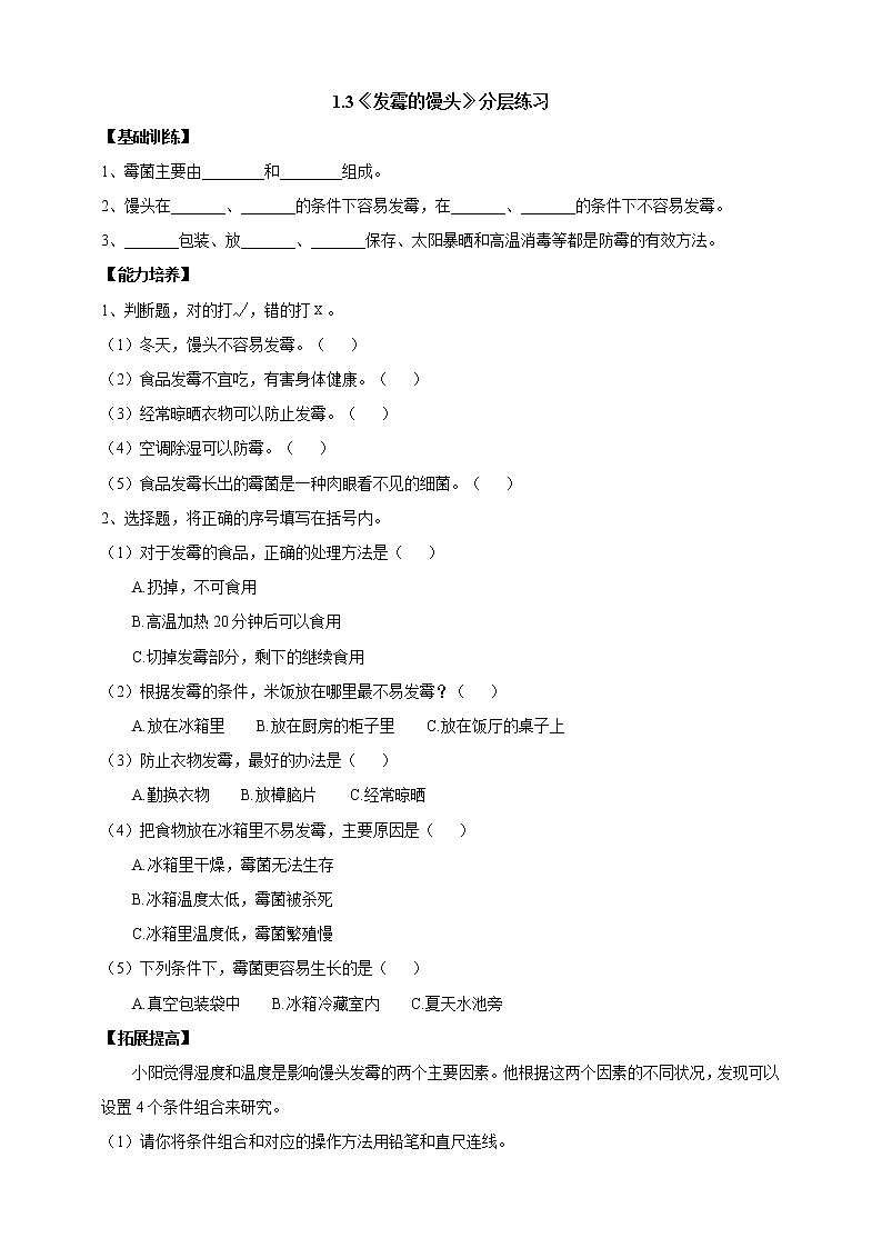 大象版科学六上 【新课标】1.3《发霉的馒头》分层练习（含答案）01