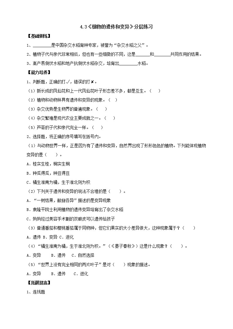大象版科学六上 【新课标】4.3《植物的遗传和变异》分层练习（含答案）01