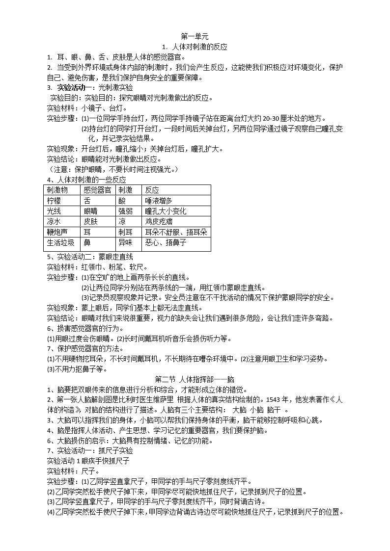 湘科版科学五上 第一单元 人体对刺激的反应 知识点汇总01