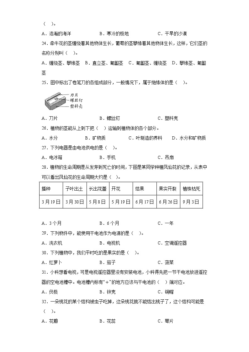 教科版科学 四年级下册 选择题 题型专练（含答案）03