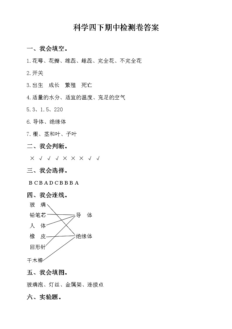 教科版科学四下期中检测卷（含答案）01