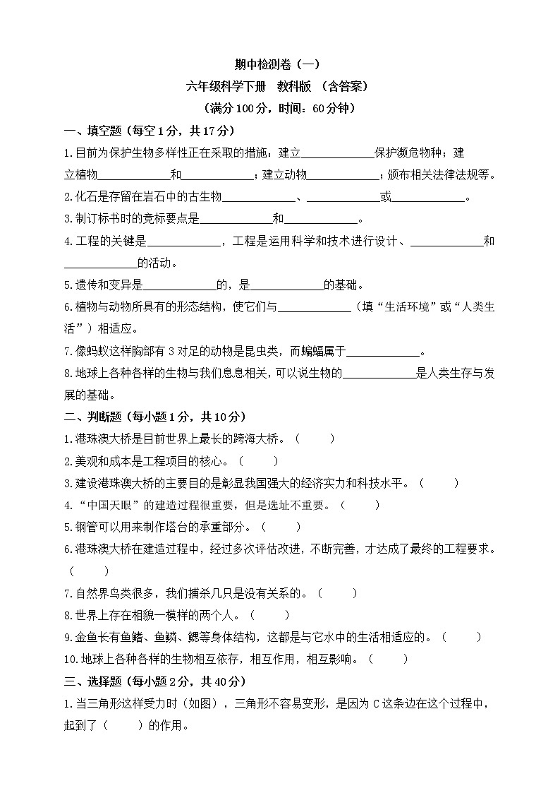 新教科版六年级科学下册 期中检测卷（一）（含答案）第1页