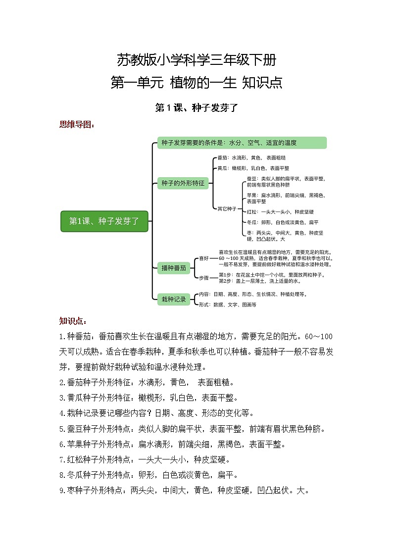 2022-2023学年苏教版科学三年级下册单元复习讲义：第一单元植物的一生（知识点清单）01