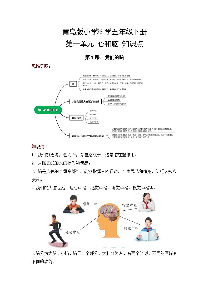 2022-2023学年青岛版科学五年级下册单元复习讲义：第一单元 心和脑（知识点清单）01