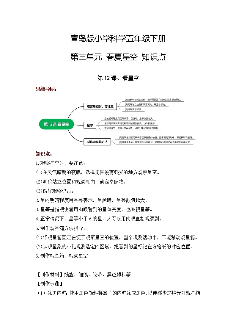 2022-2023学年青岛版科学五年级下册单元复习讲义：第三单元 春夏星空（知识点清单）01