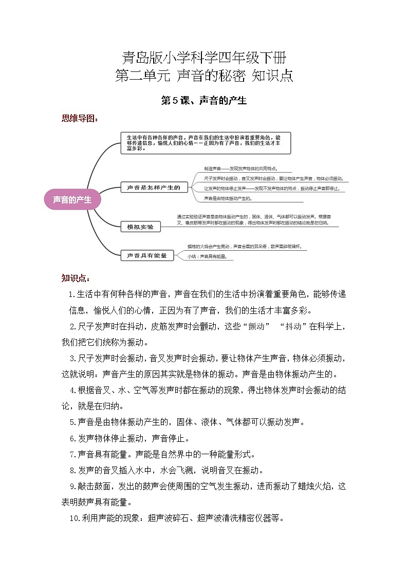 2022-2023学年青岛版科学四年级下册单元复习讲义：第二单元 声音的秘密（知识点清单）01