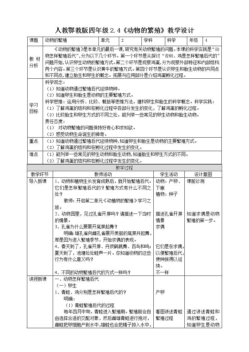 【人教鄂教版】四上科学 2.4《动物的繁殖》（课件+教案+练习）01