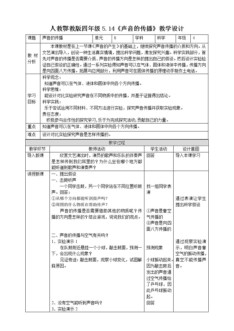 【人教鄂教版】四上科学 5.14《声音的传播》（课件+教案+练习）01