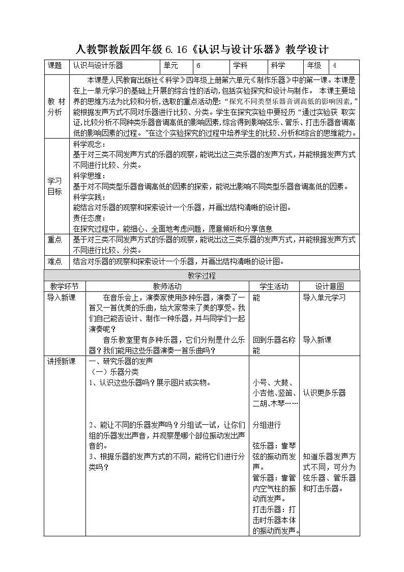 【人教鄂教版】四上科学 6.16《认识与设计乐器》（课件+教案+练习）01