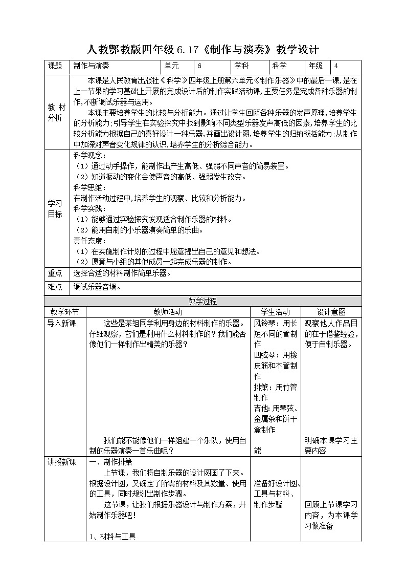 【人教鄂教版】四上科学 6.17《制作与演奏》（课件+教案+练习）01