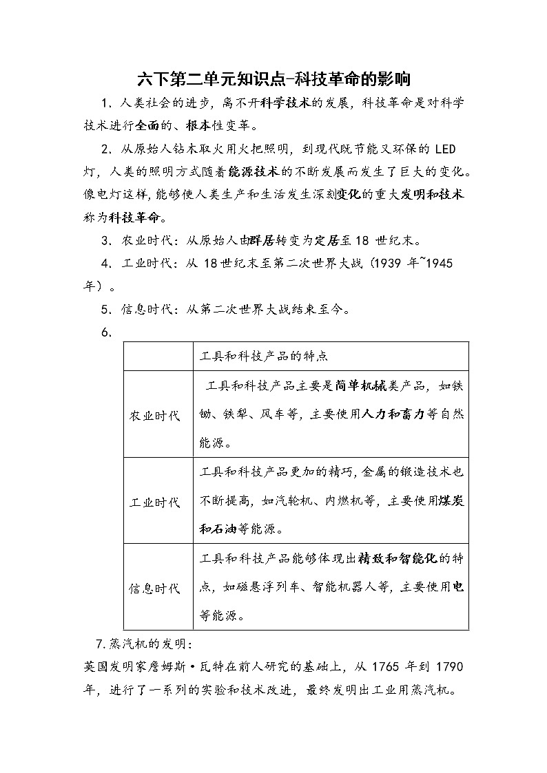 第二单元 科技革命的影响（知识点清单）——2022-2023年冀人版科学六年级下册期中单元复习精讲精练01