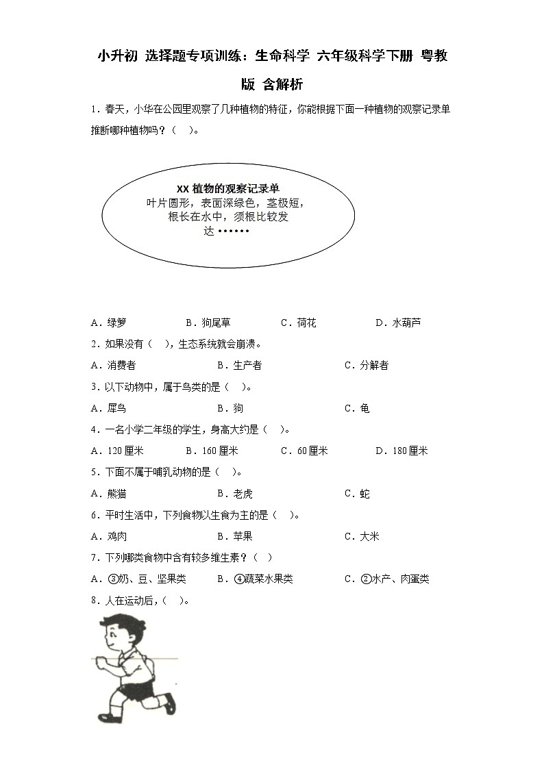 小升初 选择题专项训练：生命科学 六年级科学下册+答案解析（粤教版）01