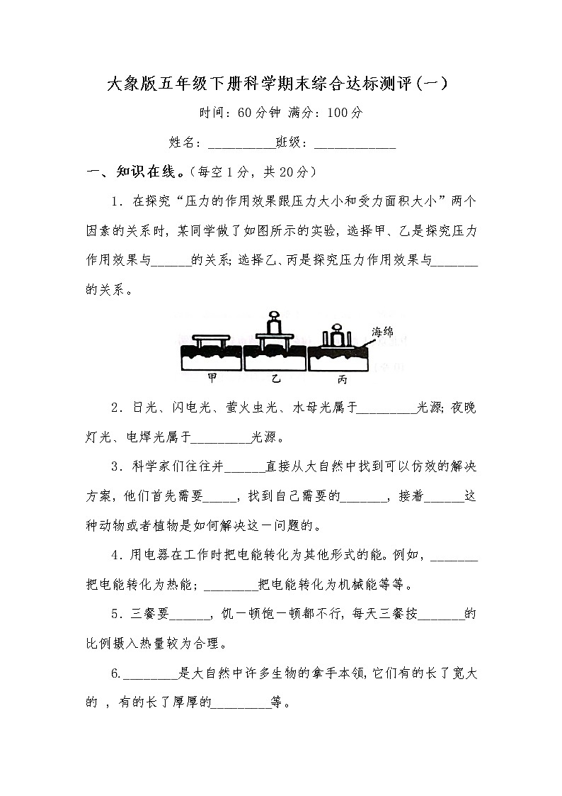 大象版五年级下册科学期末综合达标测评（一）第1页