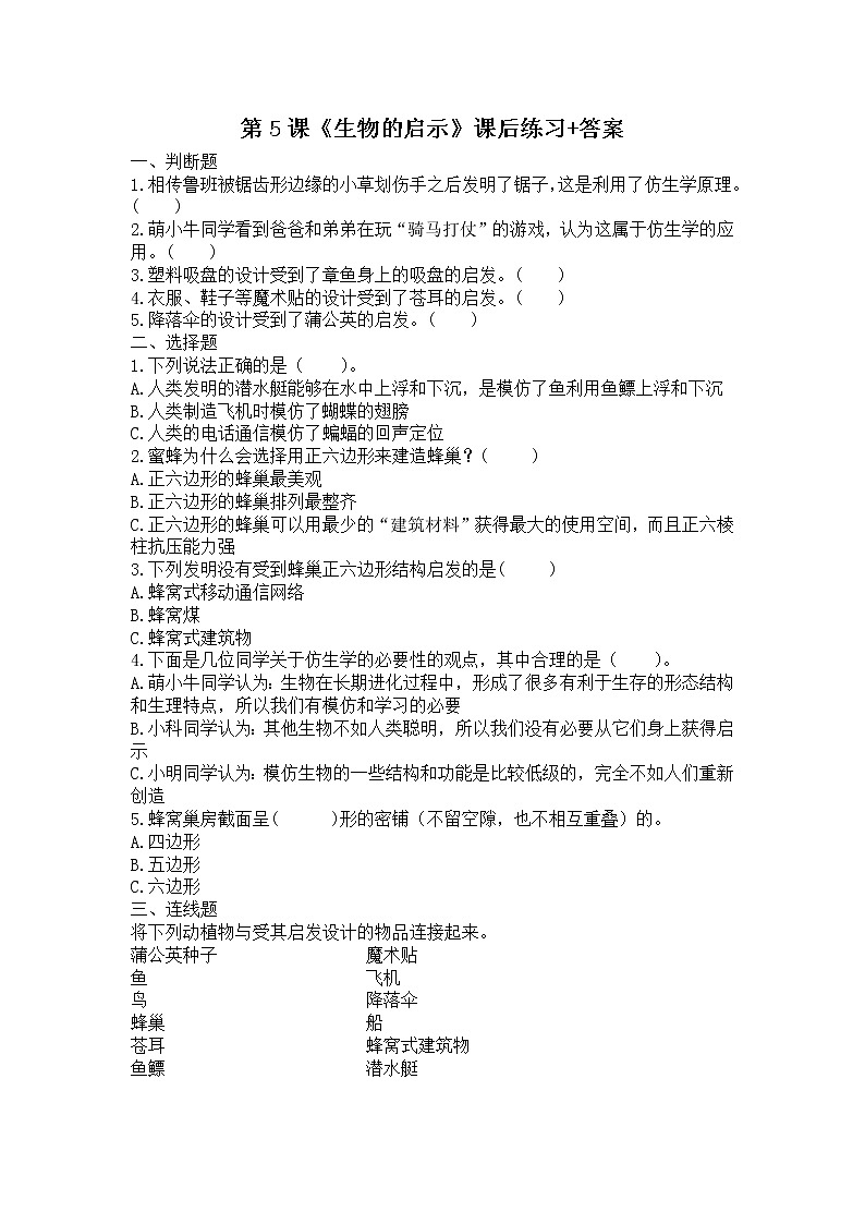 扬州市新苏教版五年级下册科学第5课《生物的启示》课后练习+答案第1页