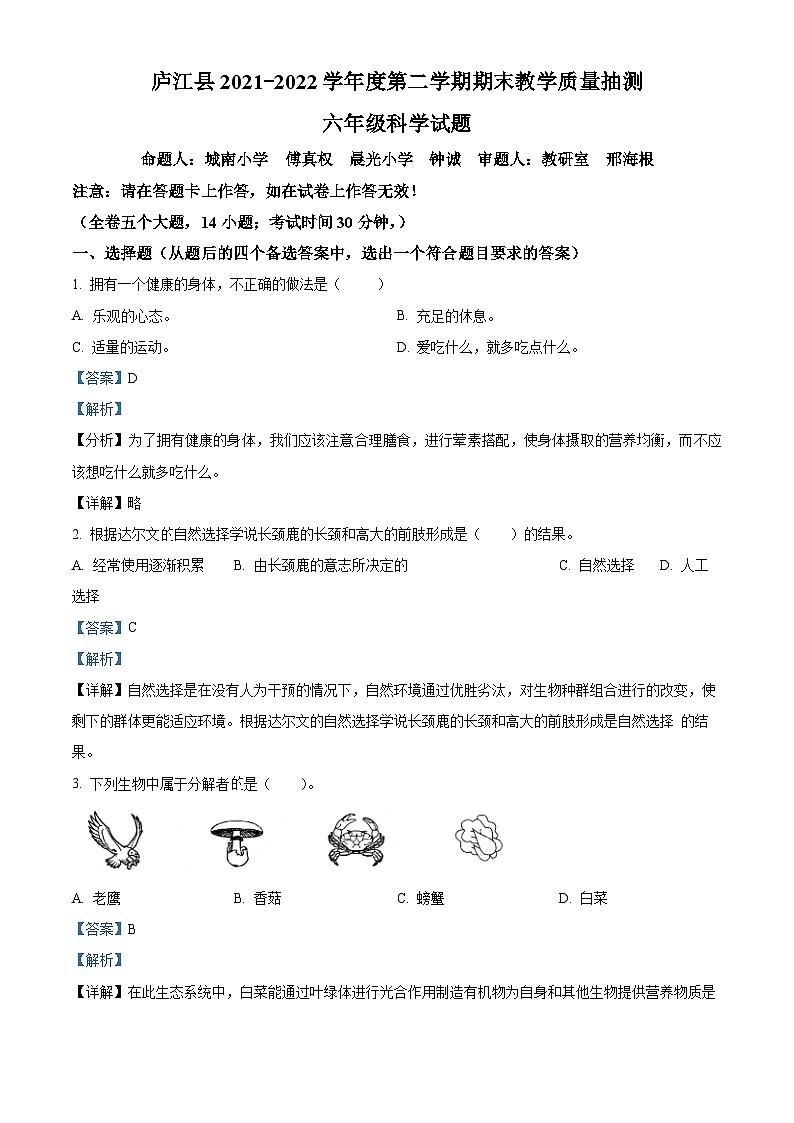 2021-2022学年安徽省合肥市庐江县教科版六年级下册期末教学质量抽测科学试卷（解析版）第1页