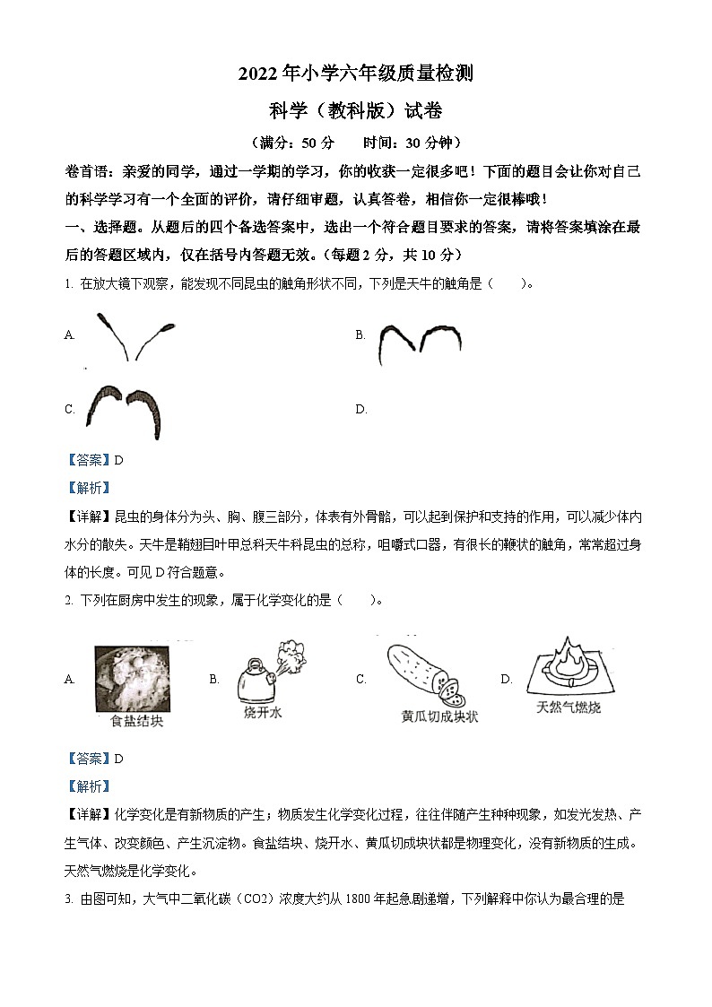 【小升初真题卷】2021-2022学年安徽省合肥市蜀山区教科版六年级下册期末考试科学试卷（原卷版+解析版）01