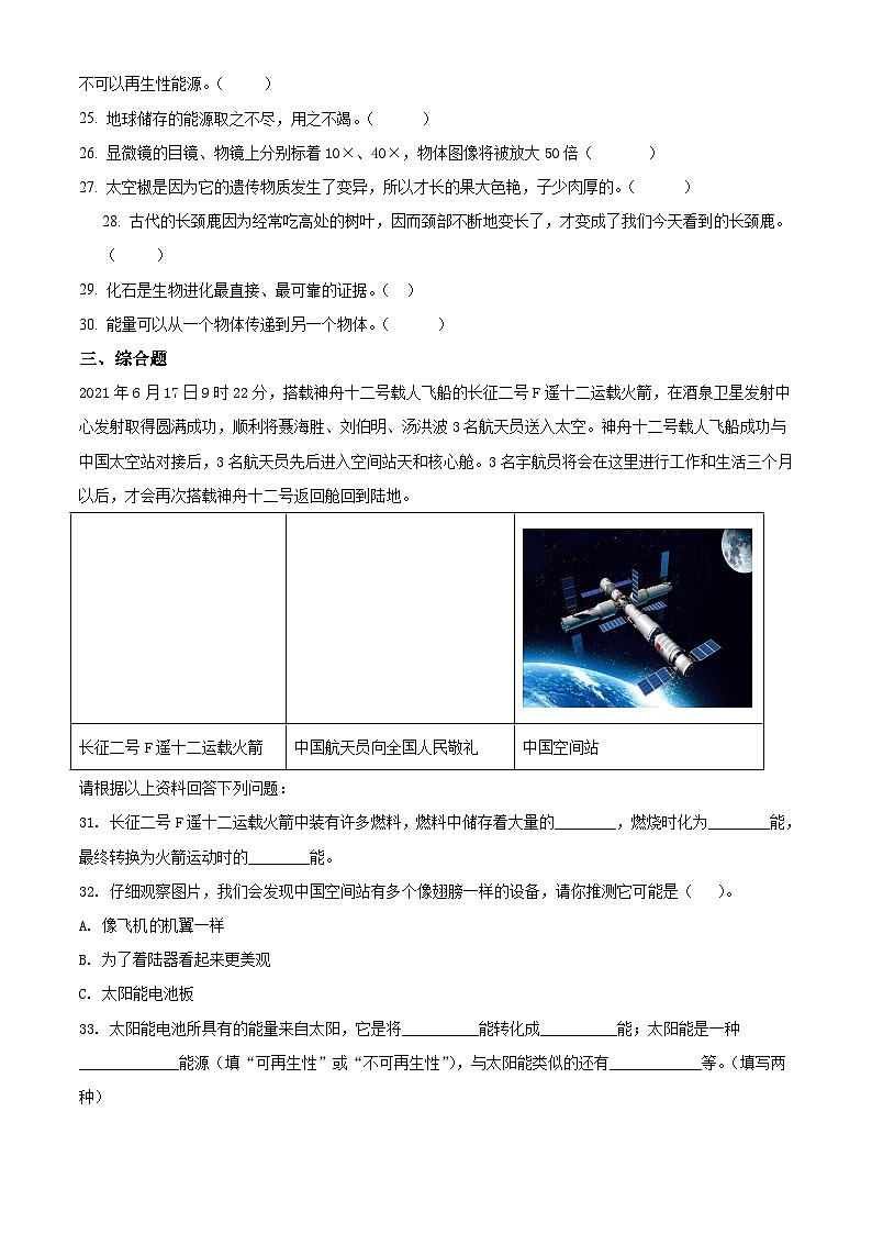 【小升初真题卷】2020-2021学年广东省韶关市新丰县苏教版六年级下册期末考试科学试卷（原卷版+解析版）03