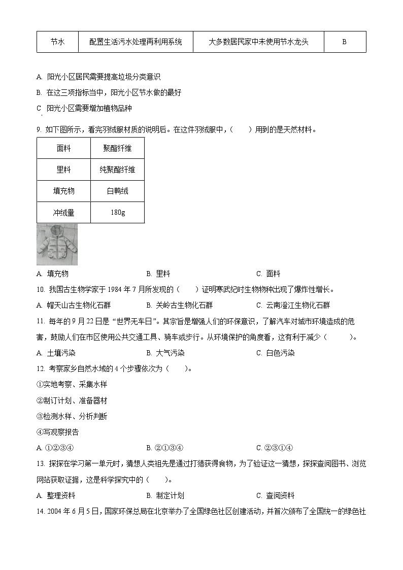 2021-2022学年河南省郑州市金水区大象版六年级下册期末考试科学试卷（原卷版）第2页