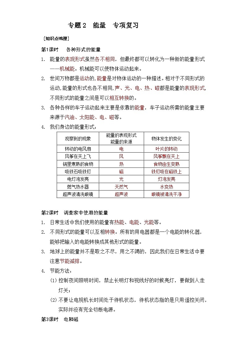 专题4 能量——2023年小升初科学教科版专题复习六年级上册01