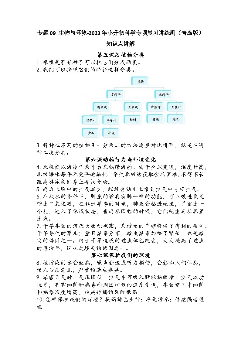 专题09 生物与环境——2023年小升初科学青岛版专题复习知识点讲解+巩固练习（含答案）01