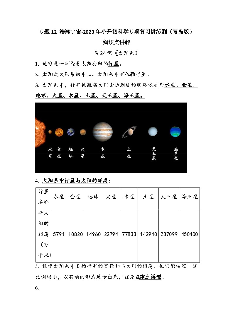 专题12 浩瀚宇宙——2023年小升初科学青岛版专题复习知识点讲解+巩固练习（含答案）01