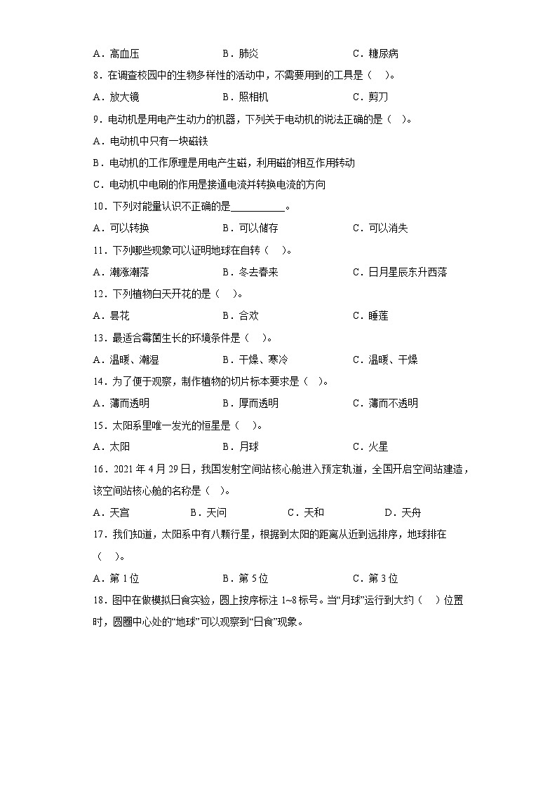 2023年小升初科学模拟试卷一（教科版）02