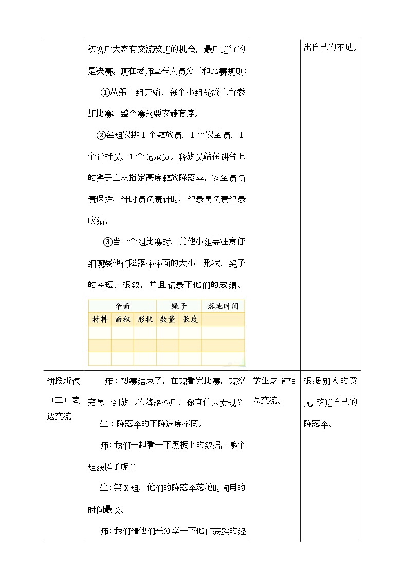 大象版科学四下 降落伞 教学设计03