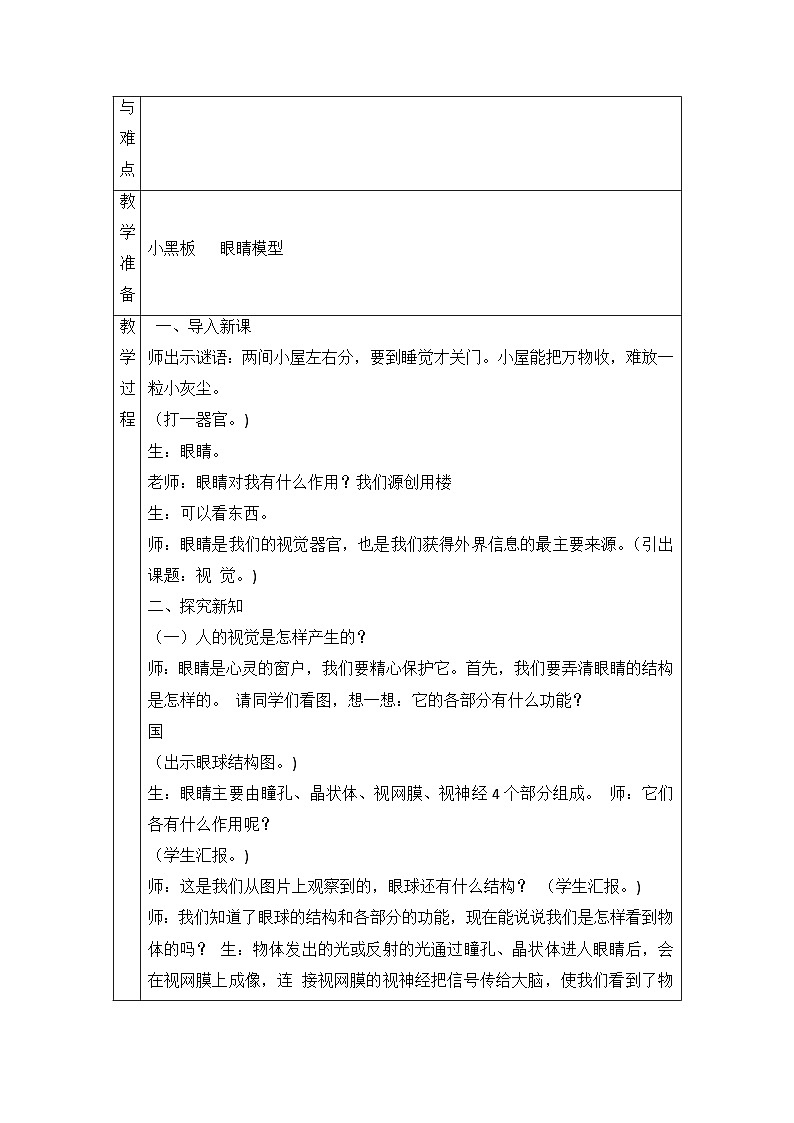 青岛版（2017秋）六年级科学下册-1.视觉（表格式教案）第2页