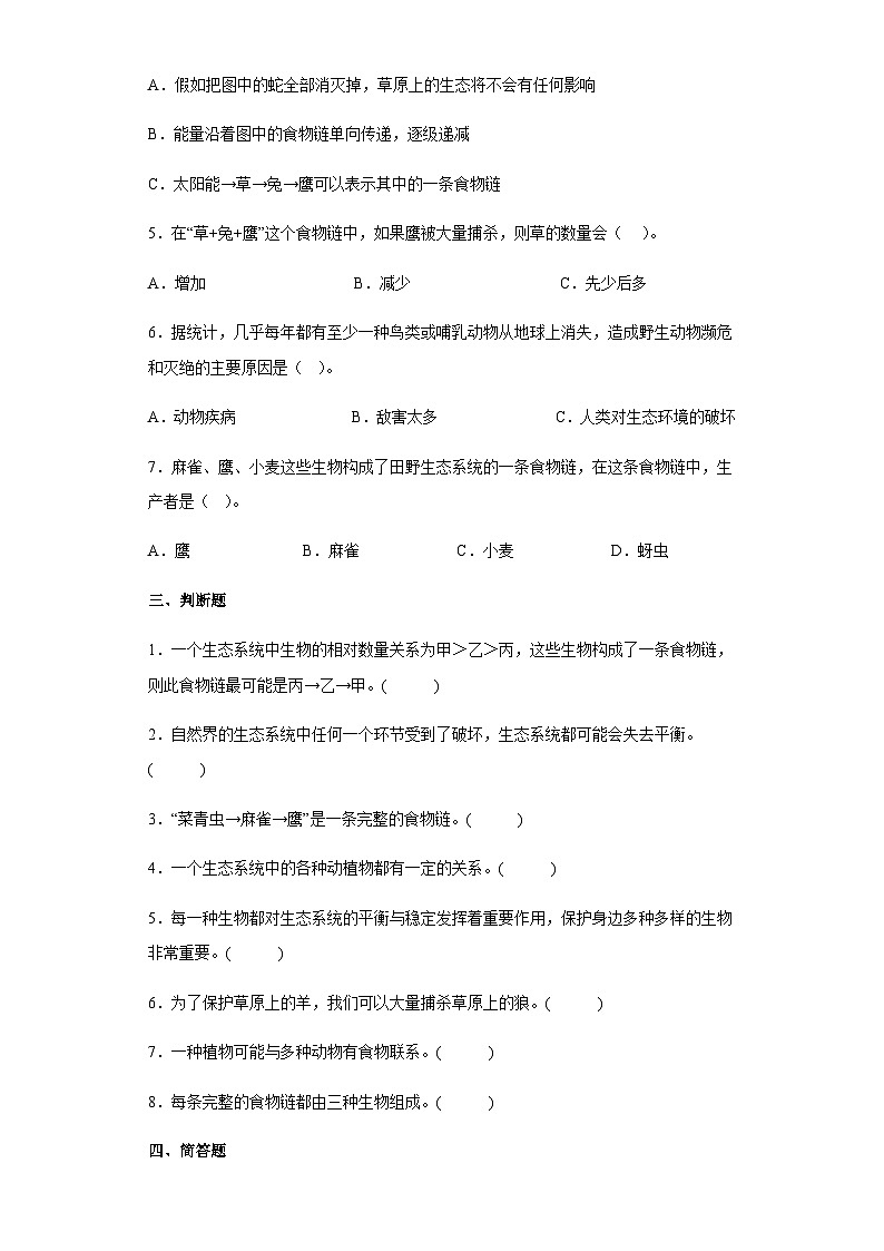 青岛版五年级科学下册 5.20食物链 同步练习（含答案）第2页