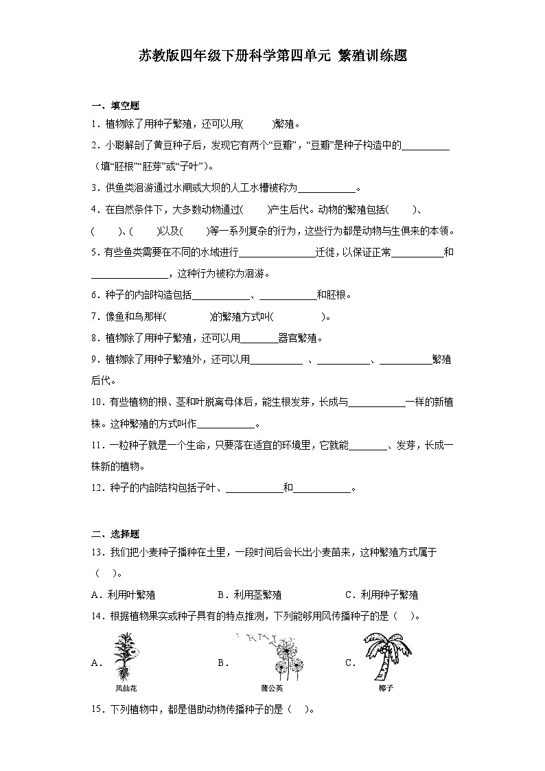 苏教版四年级下册科学第四单元繁殖训练题01