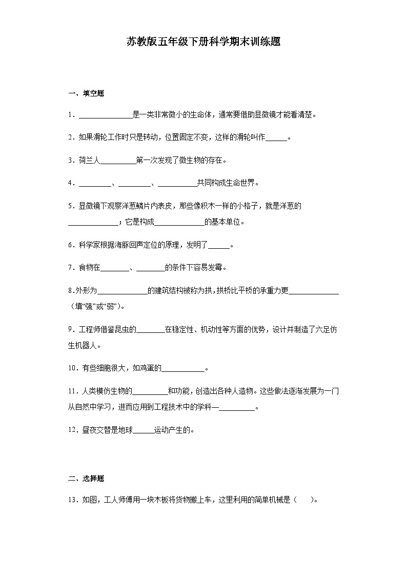 苏教版 五年级下册科学 期末训练题（含答案）01